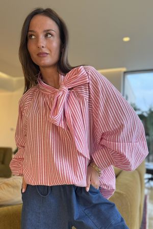 Nantucket Stripe Tie Neck Blouse Soft Red